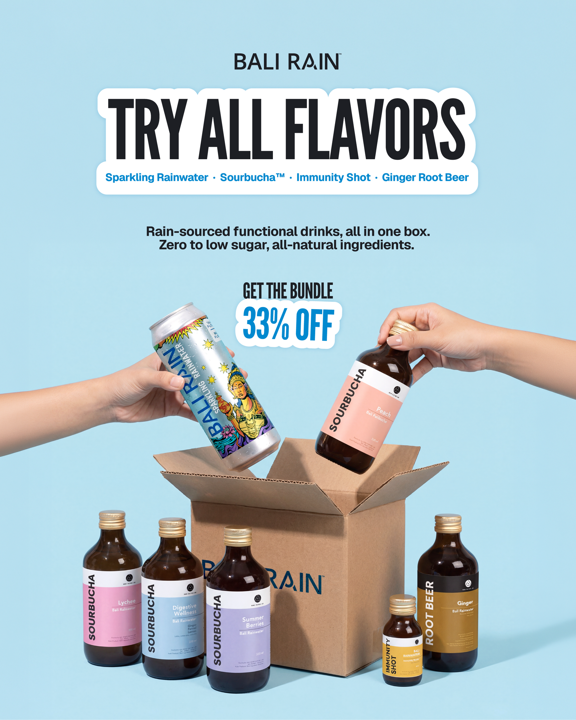 Bali Rain Rainbow Pack full range kombucha sparkling water and wellness shot Bali, BPOM certified