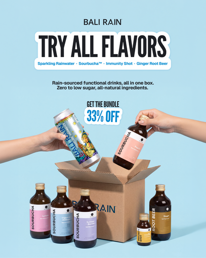 Bali Rain Rainbow Pack full range kombucha sparkling water and wellness shot Bali, BPOM certified