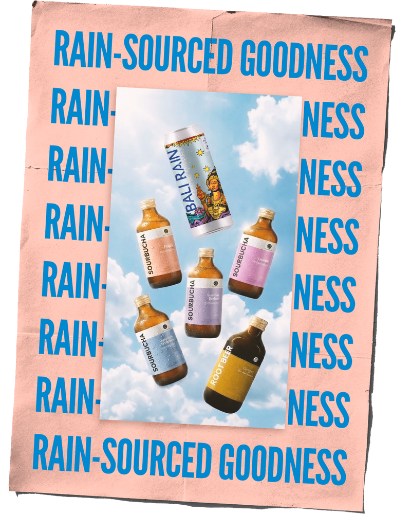 Bali Rain full range rainwater kombucha sparkling water and wellness shots Bali