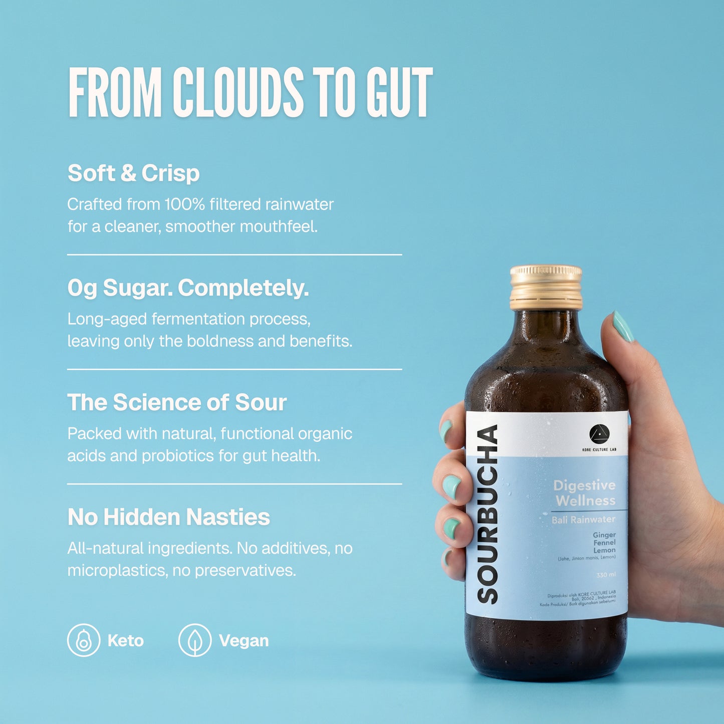Bali Rain Sourbucha™ gut health kombucha Bali, From Clouds to Gut, zero sugar benefits