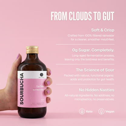 Bali Rain Sourbucha™ gut health kombucha Bali, Lychee, zero sugar benefits