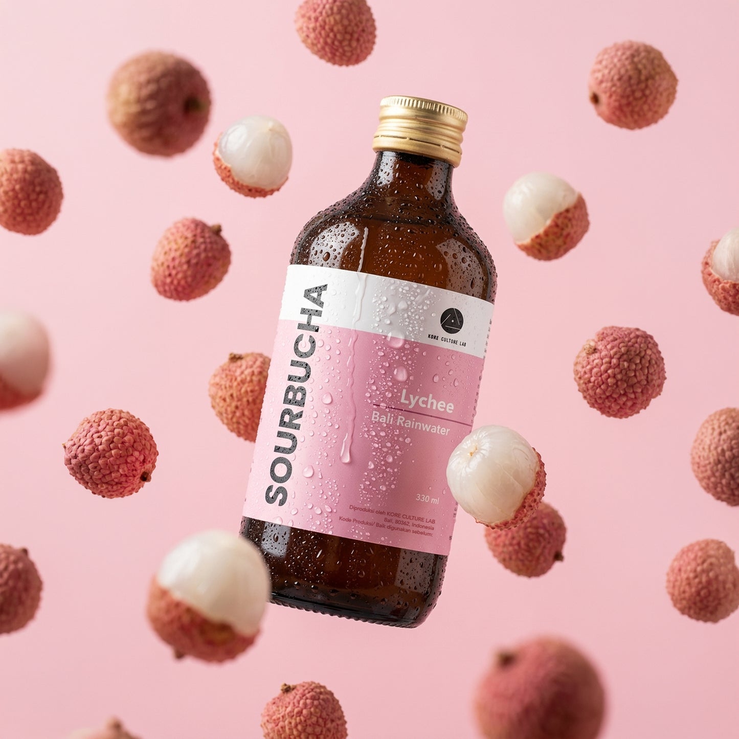 Bali Rain Sourbucha™ lychee kombucha Bali with fresh lychee fruit, zero sugar