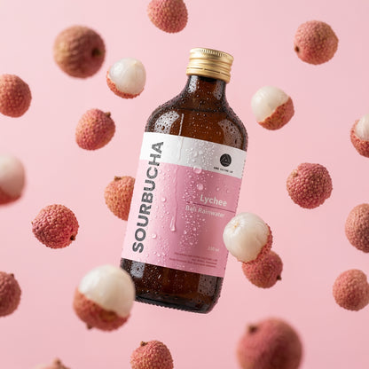 Bali Rain Sourbucha™ lychee kombucha Bali with fresh lychee fruit, zero sugar