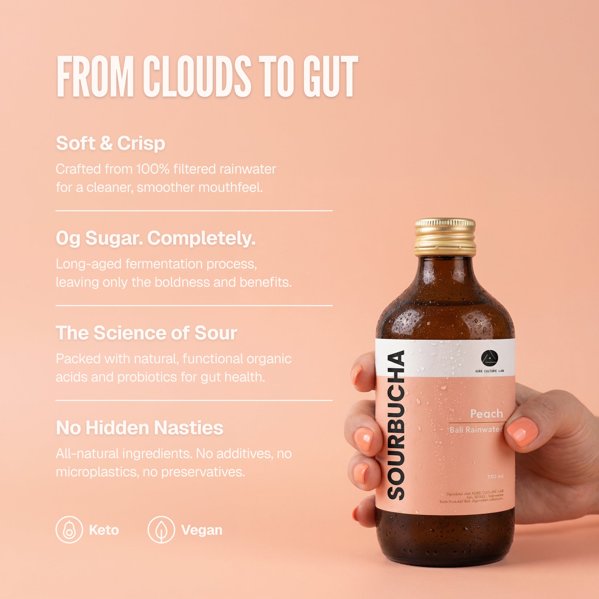 Bali Rain Sourbucha™ gut health kombucha Bali, Peach, zero sugar benefits