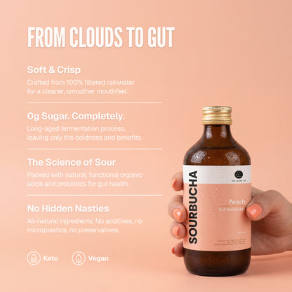 Bali Rain Sourbucha™ gut health kombucha Bali, Peach, zero sugar benefits