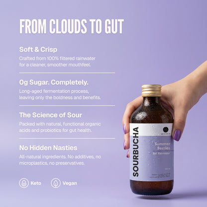 Bali Rain Sourbucha™ gut health kombucha Bali, Summer Berries, zero sugar benefits